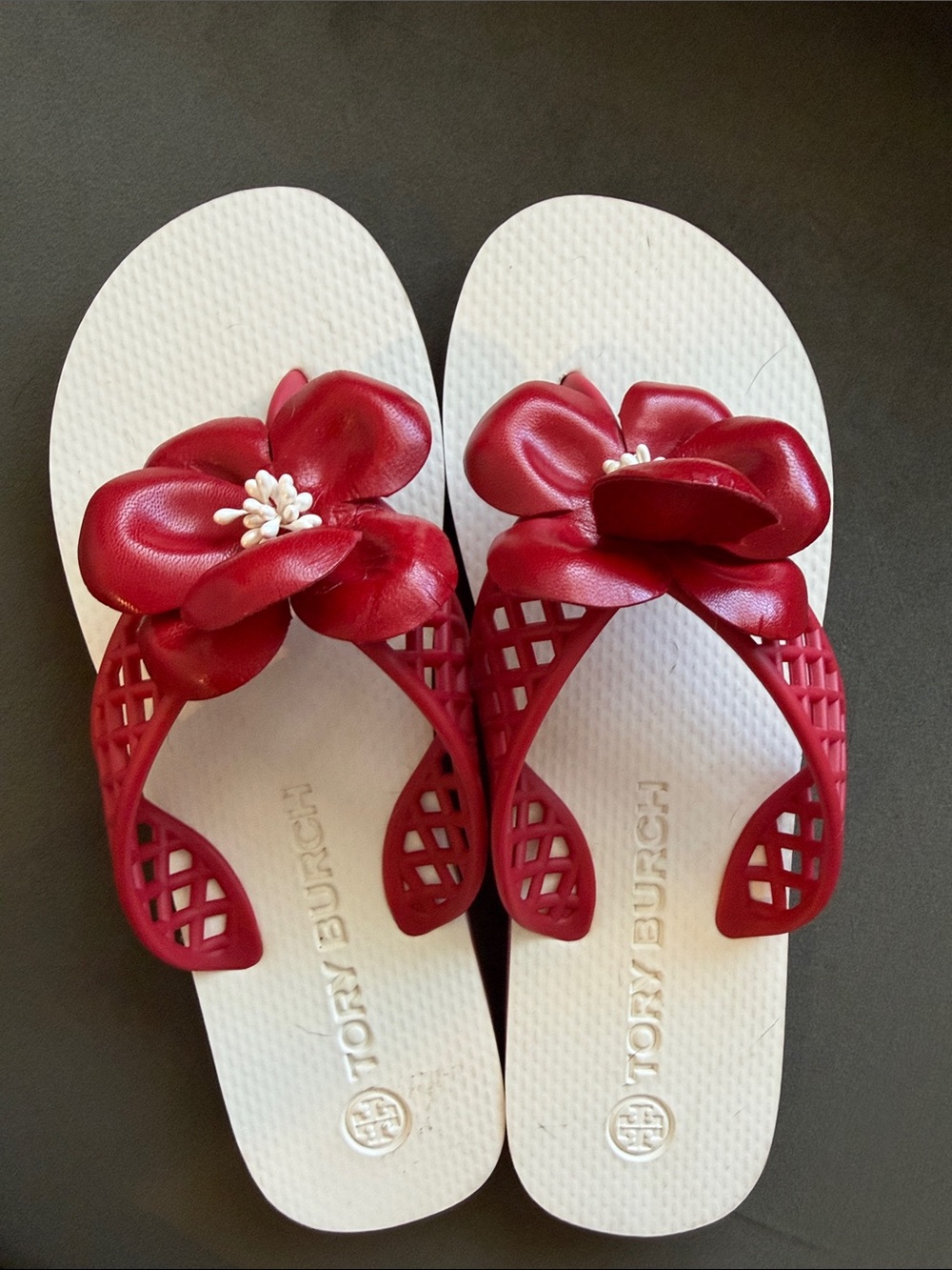 Tory Burch White & Red Floral Jelly Flip Flop Sandals